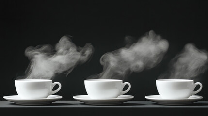 Three steaming white coffee cups against dark background