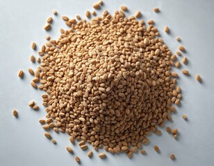 Top view of pile of caraway seeds on gray. Close up photo. Seeds used as spice. Natural organic dry ingredient for cooking. Brown grains as aromatic flavoring for meal, food preparation.
