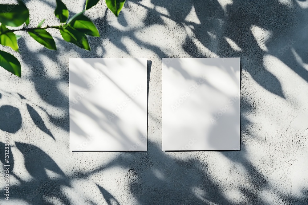 Poster stunning interplay of light and shadow over two blank sheets presented against a textured wall and f