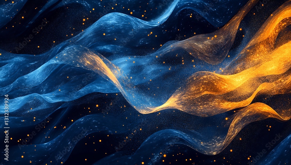 Poster Stunning blue and orange fluid waves create an artistic and dynamic design concept in dark : Generative AI