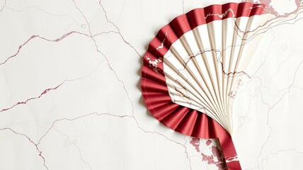 Elegant Red Cream Hand Fan on Marble Background