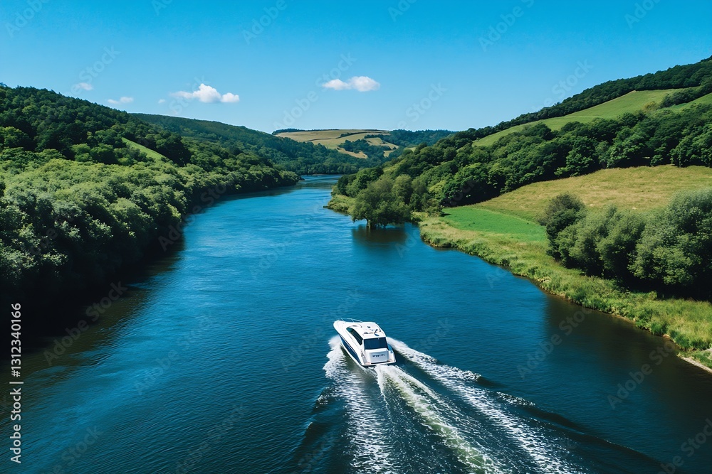 Poster aerial view of speedboat navigating through a picturesque river surrounded by lush green hills : gen