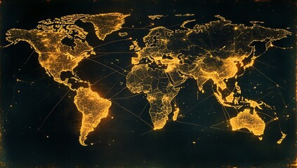 Vintage style world map glowing in golden yellow with intricate network connections and lines : Generative AI