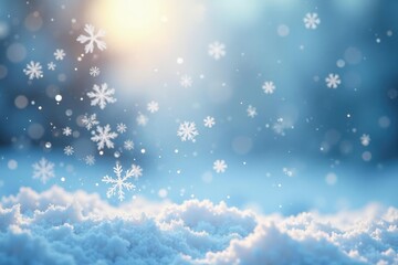 Naklejka premium Snowflakes dance in the air as they fall gently on a snowy white background, icy waters, festive lights