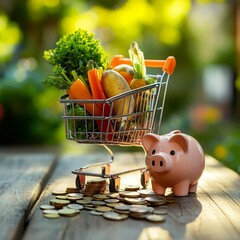 Mini shopping cart filled with assorted products, placed next to a piggy bank with a few coins on the table, symbolizing shopping and savings.

