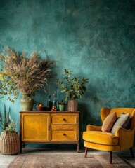 Mustard yellow cabinet and armchair against a teal textured wall, decorated with plants and dried flowers. Warm, inviting interior design