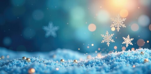 Snowflakes falling on a blue and gold background with a subtle gradient effect, snowy, snowflake