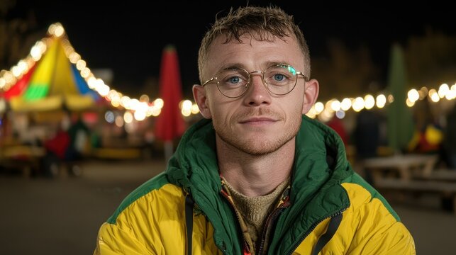 A young man stands confidently with a smile, dressed in a bright jacket. The festival atmosphere is lively, illuminated by sparkling string lights and colorful tents, creating a joyful ambiance