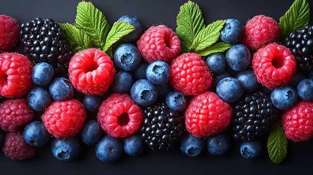 an artistic arrangement of wild berries with bright red raspberries deep blue blueberries and dark blackberries creating a stunning contrast