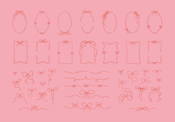 Set of cute hand drawn coquette style design elements for wedding, birthday bachelorette cards and invitation. Girly spring decorative bow, oval and rectangle ribbon frame, divider, separator