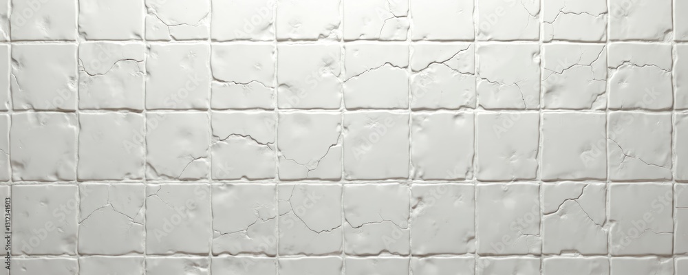 Poster white tile wall background with cracked grout lines. square shaped tiles with irregular texture. dis