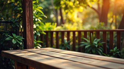 Obraz premium Sunny Garden Patio Wooden Table Background