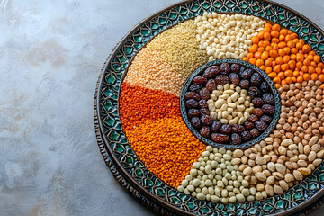 Assorted legumes, nuts, and dates on tray