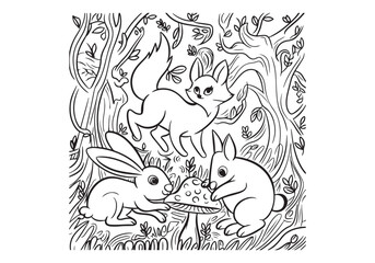 Forest Animals Vector Line Art Illustration  Get this line art vector of forest animals, including rabbits and a fox, in a whimsical nature scene. Perfect for children's designs and illustrations. EPS