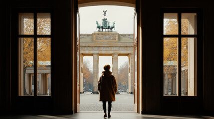person standing in archway, looking at Brandenburg Gate in Berlin, surrounded by autumn trees. scene conveys sense of exploration and history