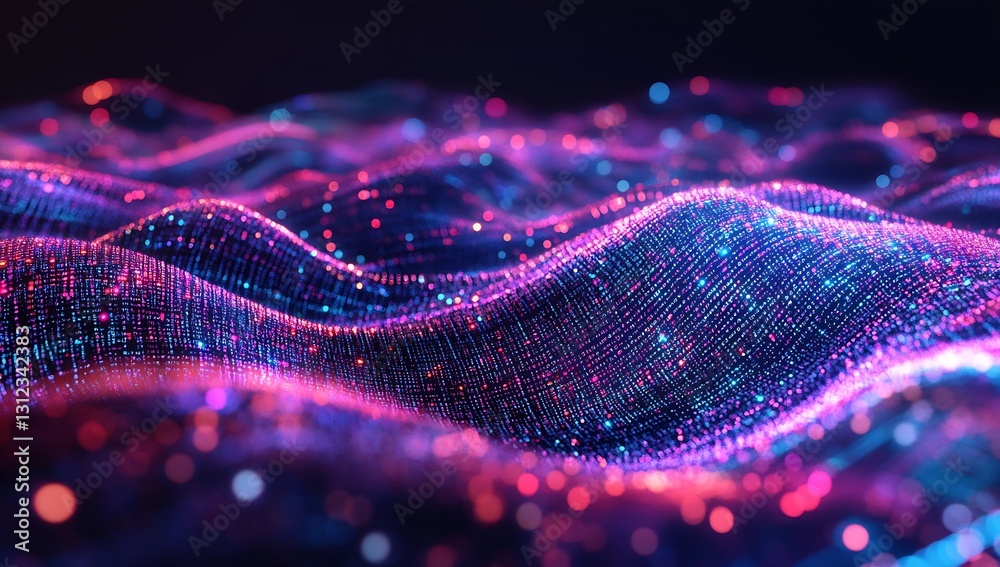 Poster Dynamic flowing waves of light featuring sparkling particles in striking hues of pink and blue for an impressive visual appeal : Generative AI