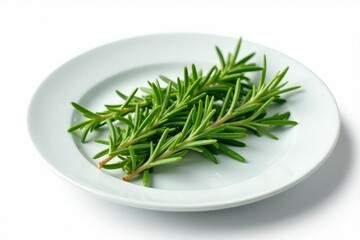 Sprigs of fresh rosemary on a snowy white plate, greenery, garnish, isolated