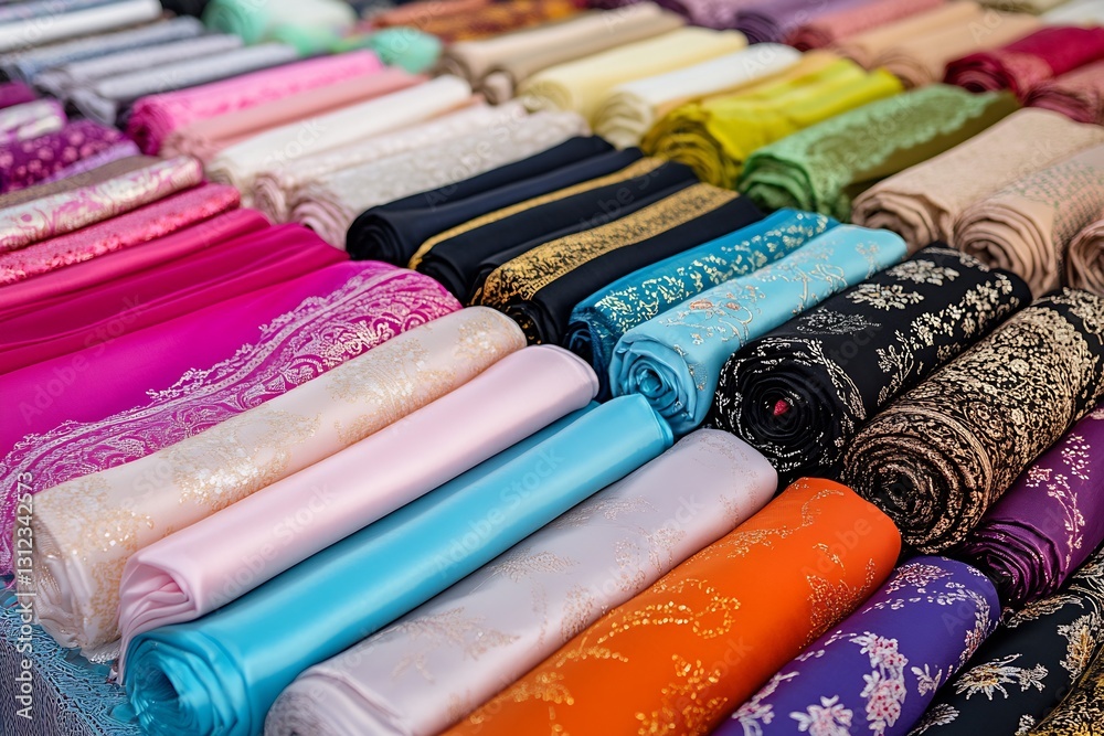 Poster exquisite collection of rolled fabrics with intricate designs showcased at a textile market stall : 