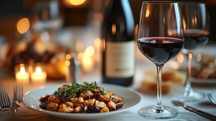 an exquisite dining scene with polished wine glasses a bottle of red wine and a gourmet meal presented on fine china