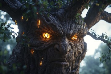 Enigmatic Forest Guardian with Fiery Eyes and Ancient Bark Texture