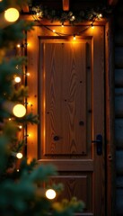 Twinkling Christmas lights adorn a rustic wooden backdrop with intricate carvings, Holiday Decor, Christmas, Warmth