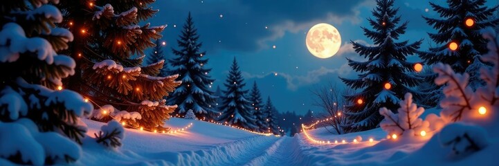 Twinkling fairy lights adorn snow-covered pine trees with a full moon's gentle glow and autumnal foliage, halloween decorations, illuminated