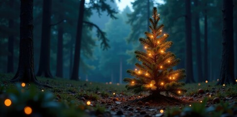 Twinkling fairy lights surrounding a majestic fir tree in a forest landscape at dusk, fir tree, twinkling