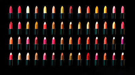 Colorful lipstick collection on black background displaying various shades and tones
