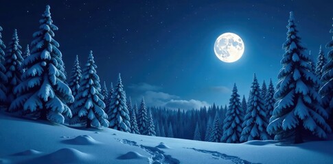 Twinkling moonlight filters through snow-covered trees, forest, moon, stars