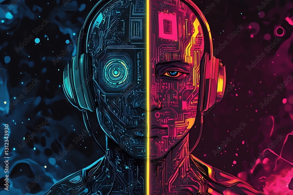 Aufkleber split view of a robotic head showcasing contrasting features and headphones representing duality in 