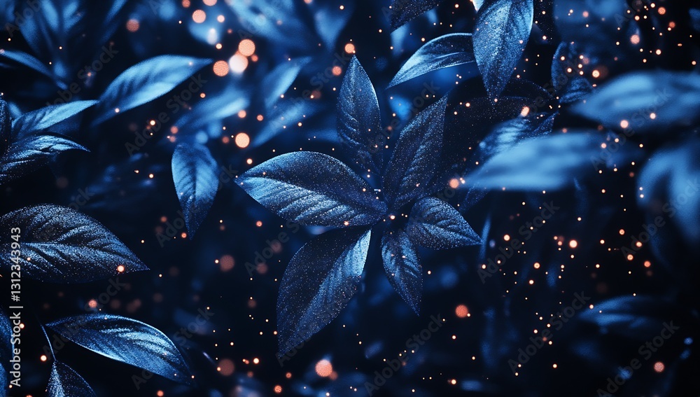 Aufkleber Lush green leaves illuminated in blue light adorned with shimmering particles creating a magical atmosphere : Generative AI