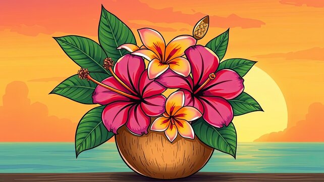 Tropical Hibiscus Flowers in Coconut Sunset Ocean Background