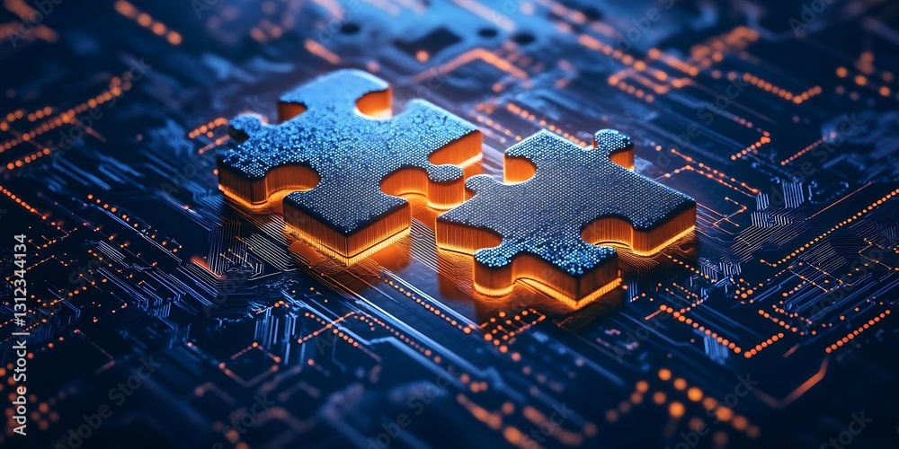 Poster Illuminated Puzzle Pieces on a Circuit Board Representing Collaboration : Generative AI