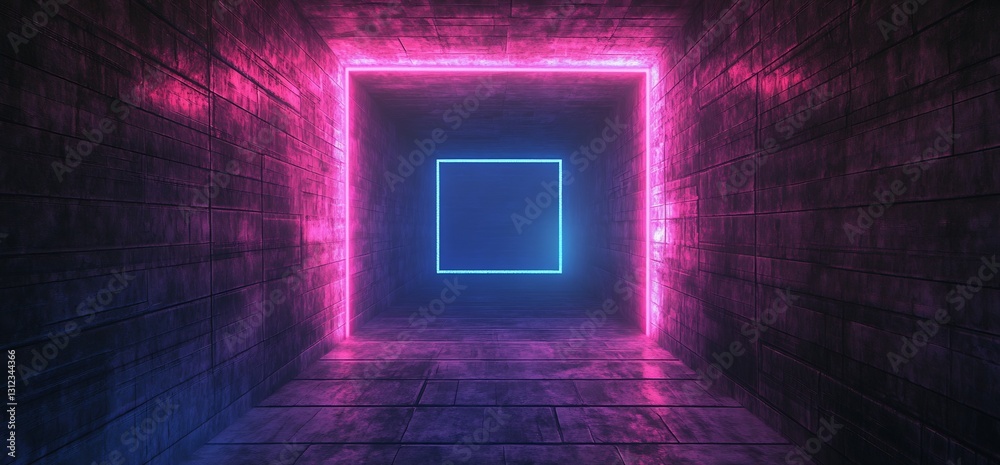 Fototapete Vibrant neon corridor with illuminated walls and glowing square in the center creating a surreal ambiance : Generative AI