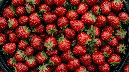 Ripe strawberries filling a container outside, against a blurred green backdrop, for use in food advertising