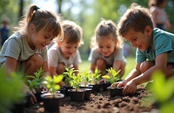 Group of happy smiling kids planting seedlings in pots outside. Children learn gardening skills, enjoy nature, eco-friendly activity. Cultivating environmental awareness, sustainable living from