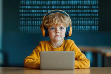 child sitting at desk with laptop looks thoughtfully wearing headphones while digital data binary codes subtly overlay