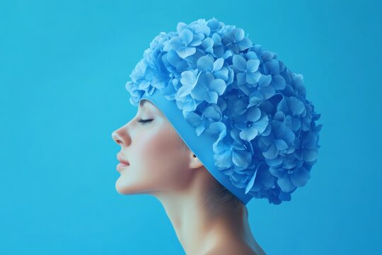 Serene Swimmer: A tranquil side profile of a woman adorned with a unique blue floral swim cap, evoking a sense of calm and underwater elegance against a vibrant blue backdrop.