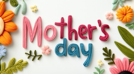 Colorful mother's day yarn art with floral patterns on white background.