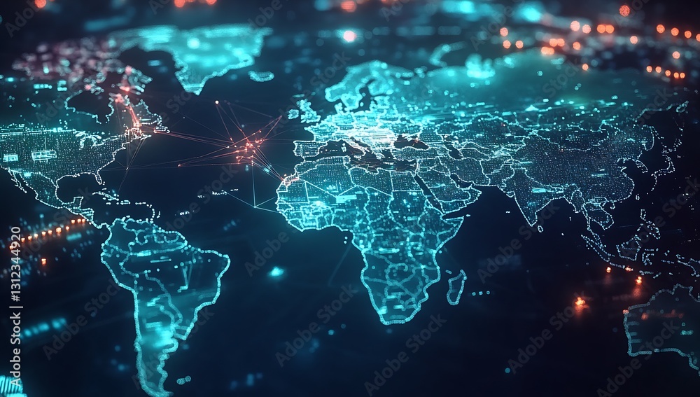 Poster Dynamic illuminated global map representing digital connections and networks with an engaging futuristic aesthetic : Generative AI
