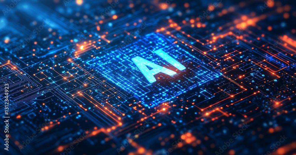 Poster Advanced digital concept featuring the word AI embedded in a futuristic electronic circuit background with intense lighting : Generative AI