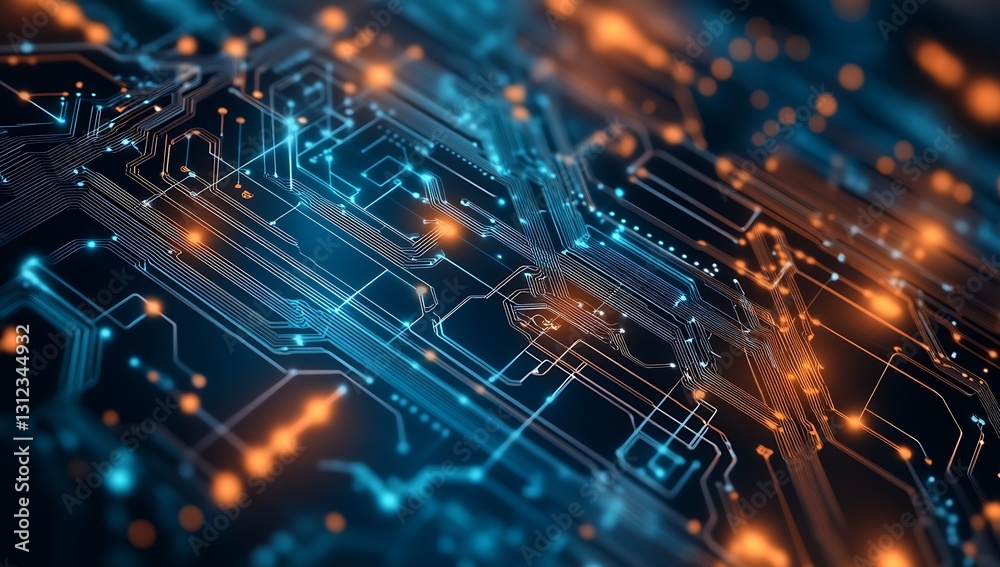 Aufkleber High-tech circuit board layout with luminous lines and intricate electronic design elements glowing in blue and orange : Generative AI