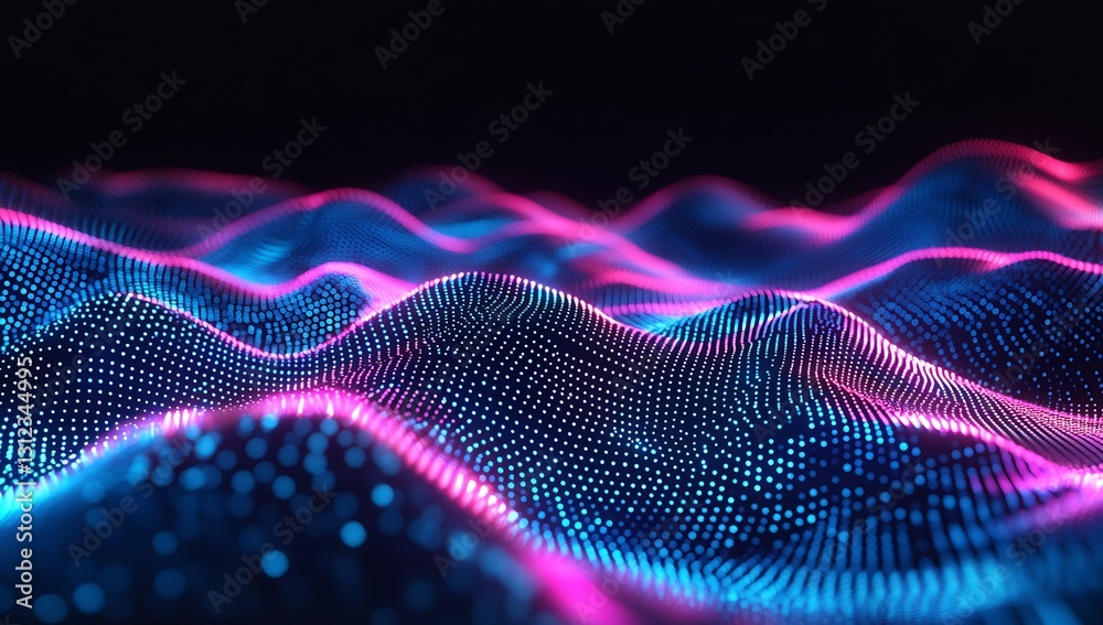 Poster Dynamic waves of neon light and color represented through captivating digital particle arrangement : Generative AI