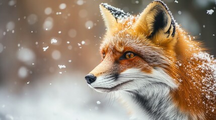 Red fox in the snowy forest, piercing amber eyes, fluffy winter fur, generative ai