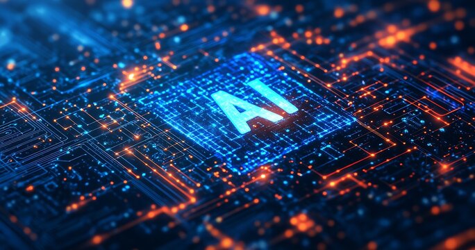 Advanced digital concept featuring the word AI embedded in a futuristic electronic circuit background with intense lighting : Generative AI