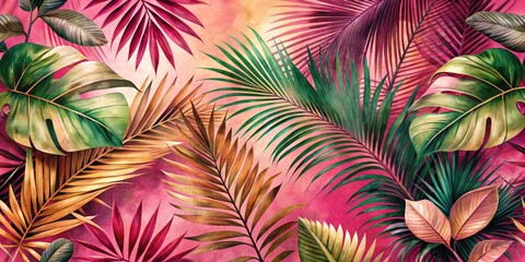 Pink Beige Tropical Palm Leaves Watercolor Wallpaper Background - Botanical Art Print Design