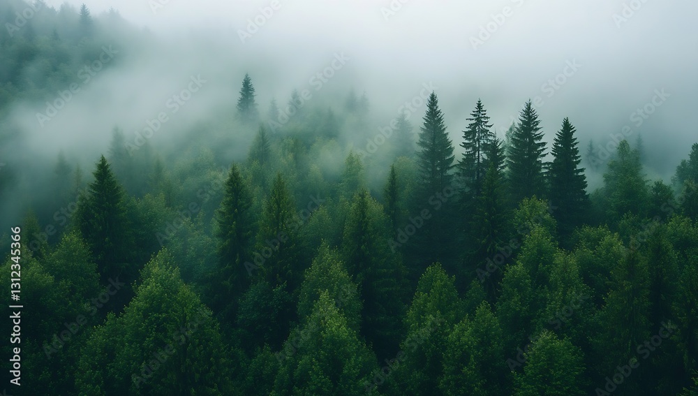 Poster Serene Misty Forest Landscape with Lush Green Trees Under Soft Fog : Generative AI
