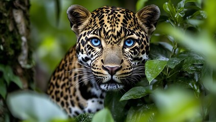 Fototapeta premium Stunning close up of a majestic leopard with striking blue eyes peeking through lush green leaves in the jungle : Generative AI