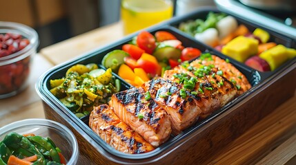 Colorful Japanese bento box, perfectly arranged with grilled salmon