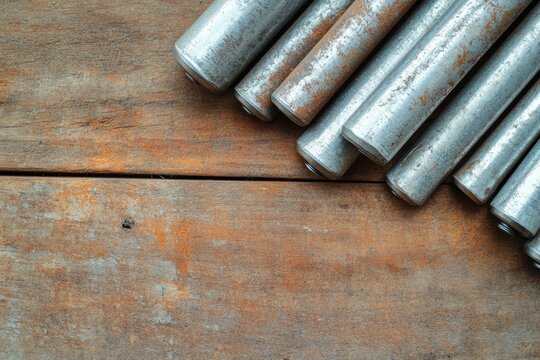 close-up of metal spiles laid out on rustic wooden surface with subtle shadows and texture enhancing minimal design